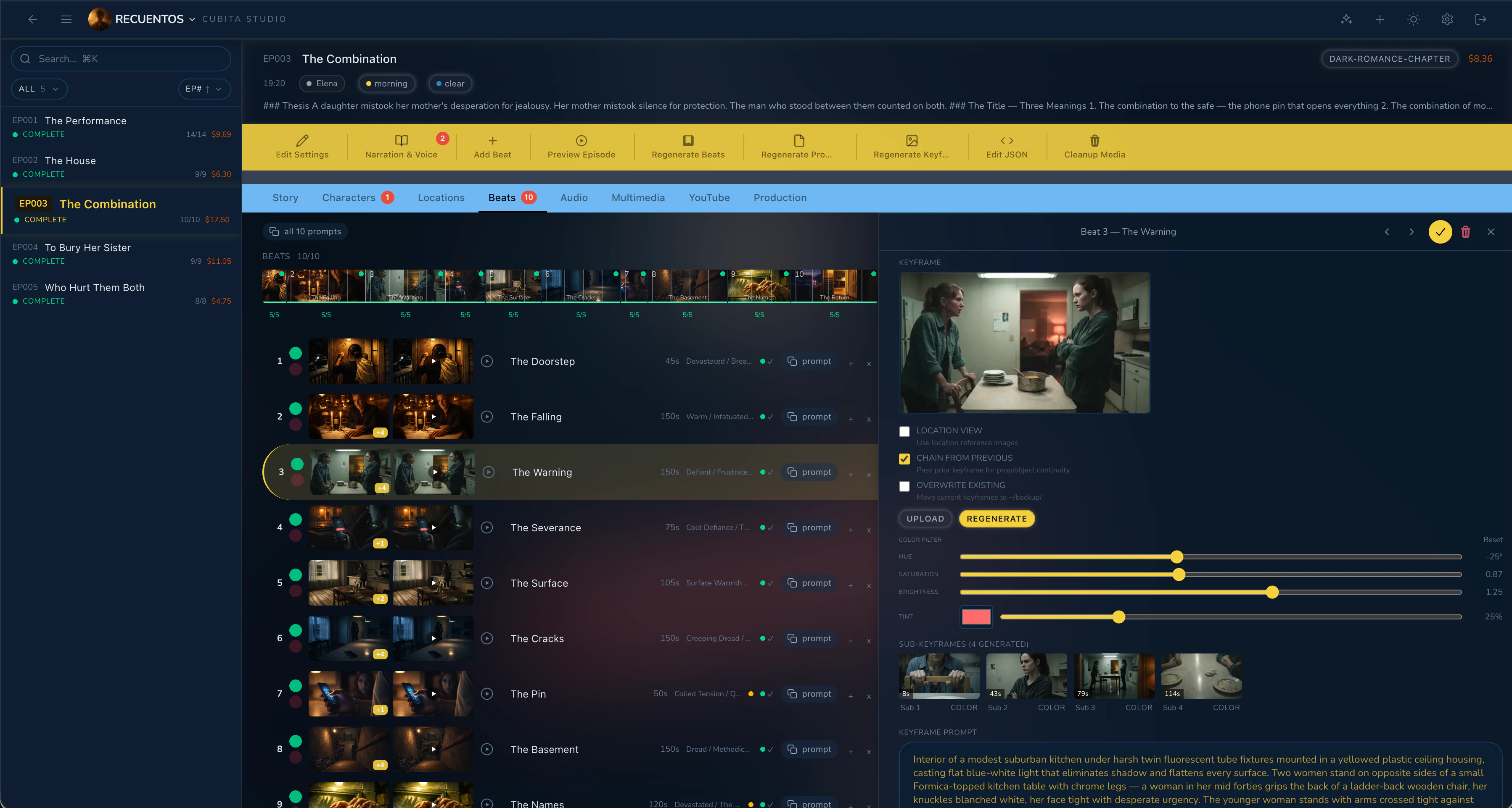 cubita.studio Keyframe editor — Regenerate, color-grade, and chain sub-keyframes per beat.